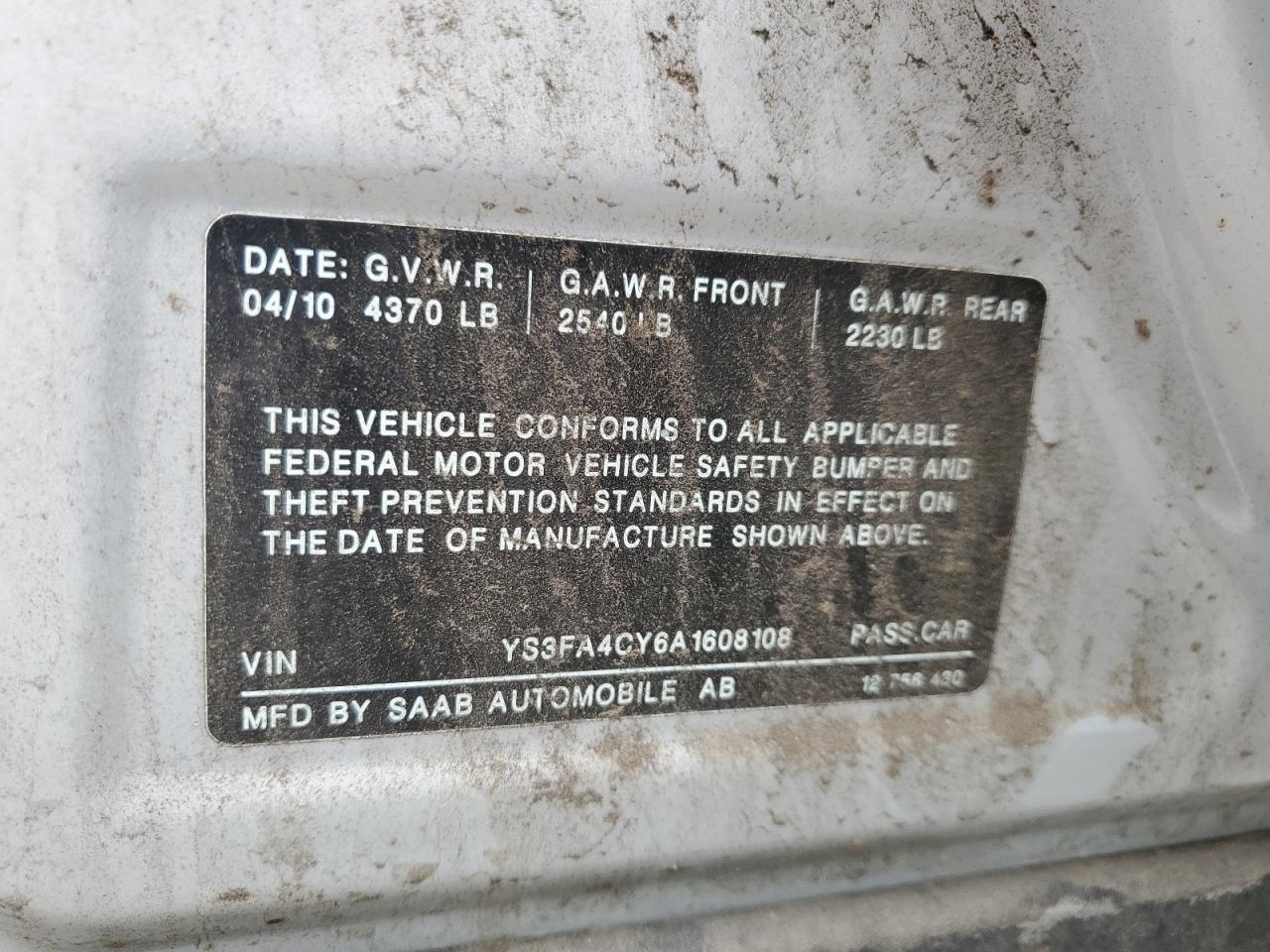 YS3FA4CY6A1608108 2010 Saab 9-3 2.0T