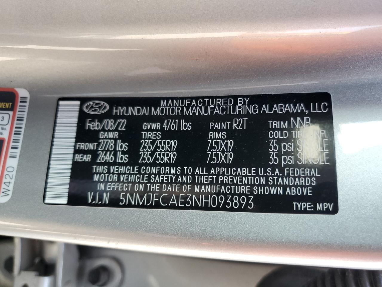 2022 Hyundai Tucson Sel VIN: 5NMJFCAE3NH093893 Lot: 64607534