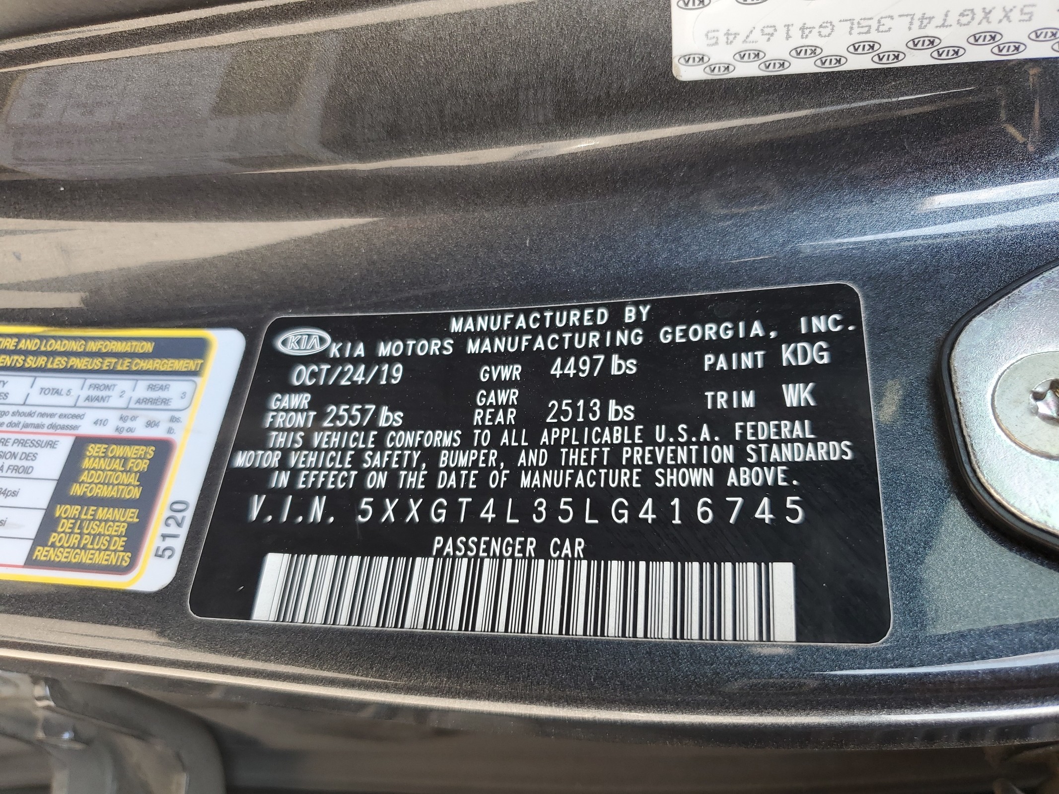 5XXGT4L35LG416745 2020 Kia Optima Lx