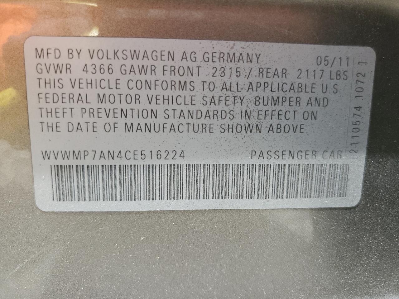 WVWMP7AN4CE516224 2012 Volkswagen Cc Sport