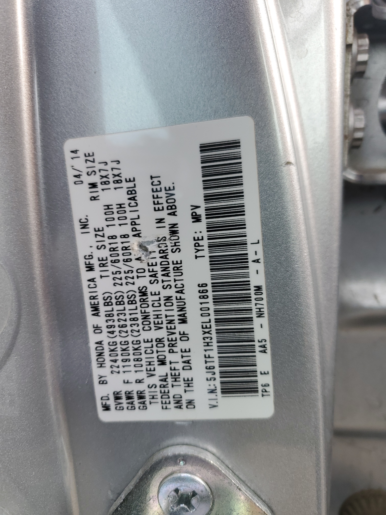 5J6TF1H3XEL001866 2014 Honda Crosstour Ex