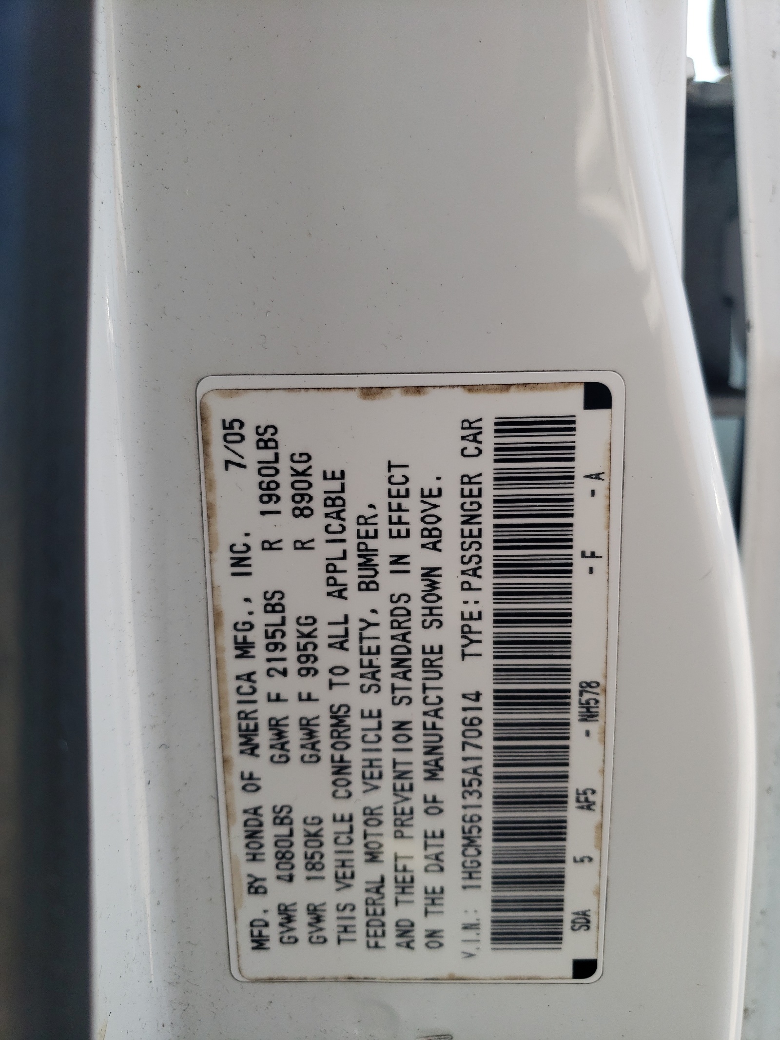 1HGCM56135A170614 2005 Honda Accord Dx