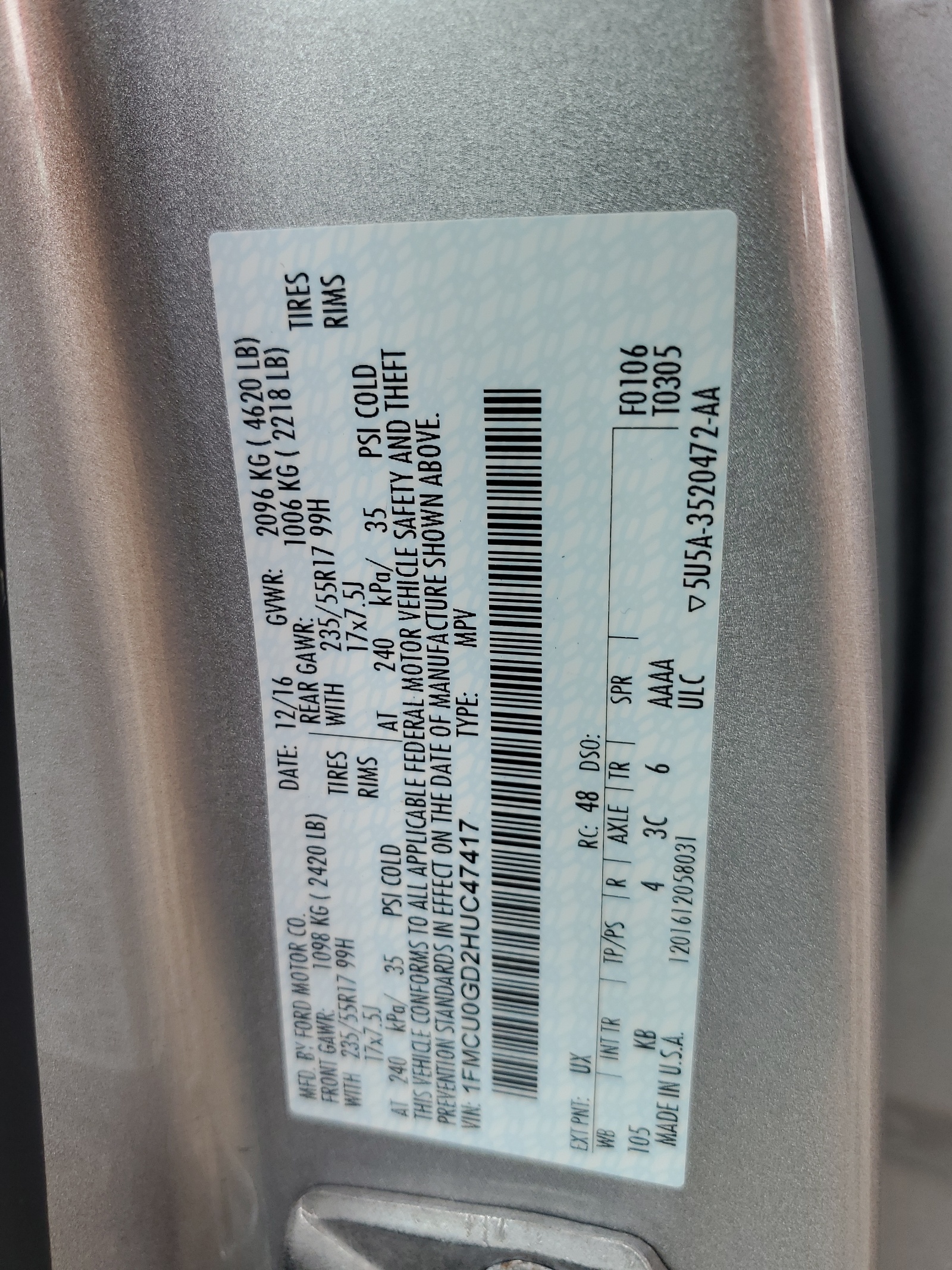 1FMCU0GD2HUC47417 2017 Ford Escape Se