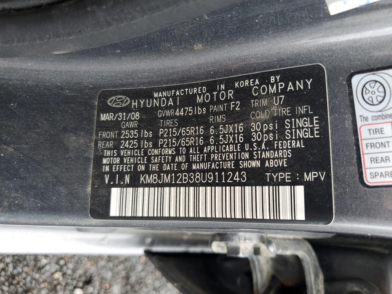 2008 Hyundai Tucson Gls VIN: KM8JM12B38U911243 Lot: 65273264