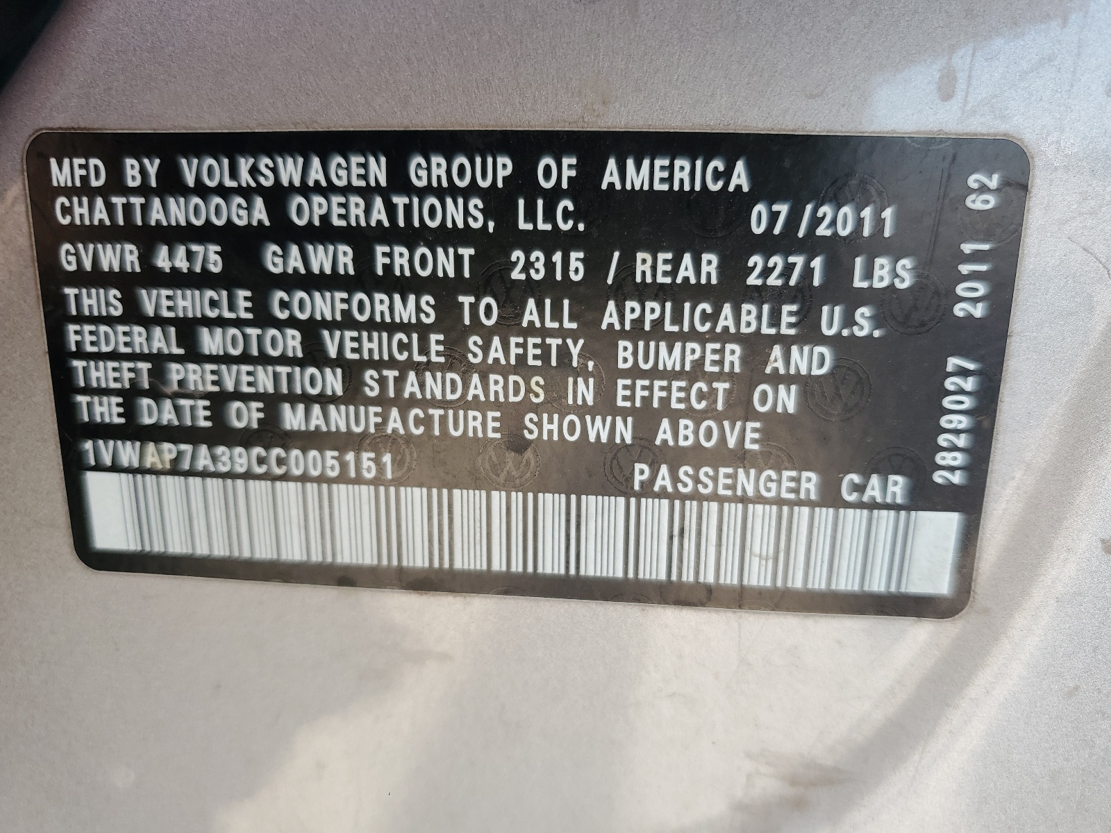 1VWAP7A39CC005151 2012 Volkswagen Passat S