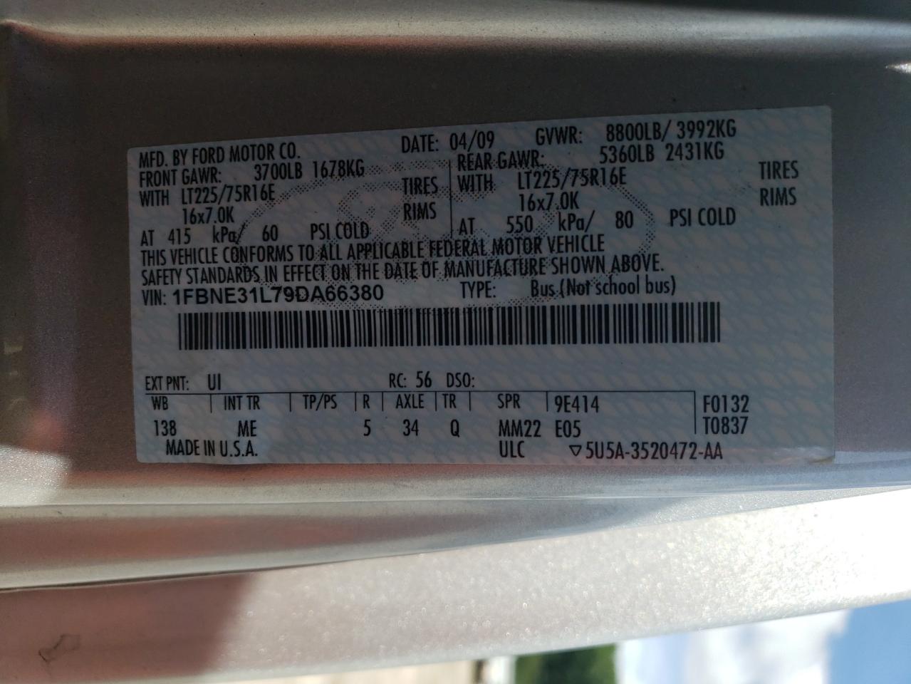 2009 Ford Econoline E350 Super Duty Wagon VIN: 1FBNE31L79DA66380 Lot: 63384814