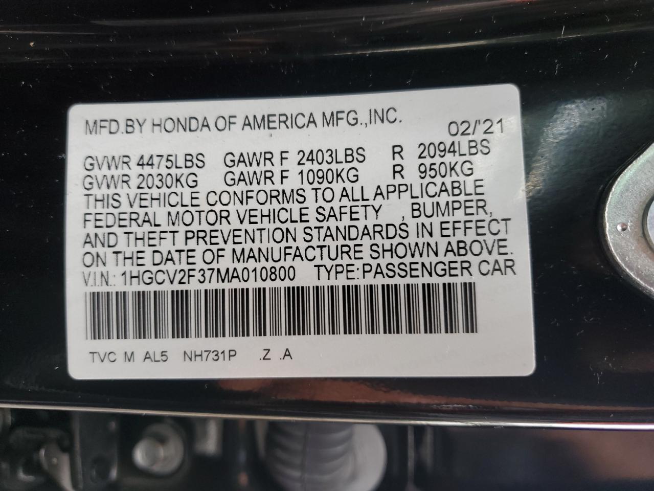 2021 Honda Accord Sport VIN: 1HGCV2F37MA010800 Lot: 63390274