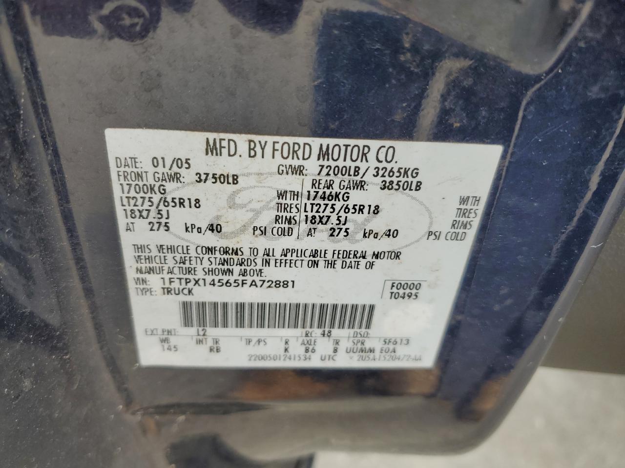 2005 Ford F150 VIN: 1FTPX14565FA72881 Lot: 64845854