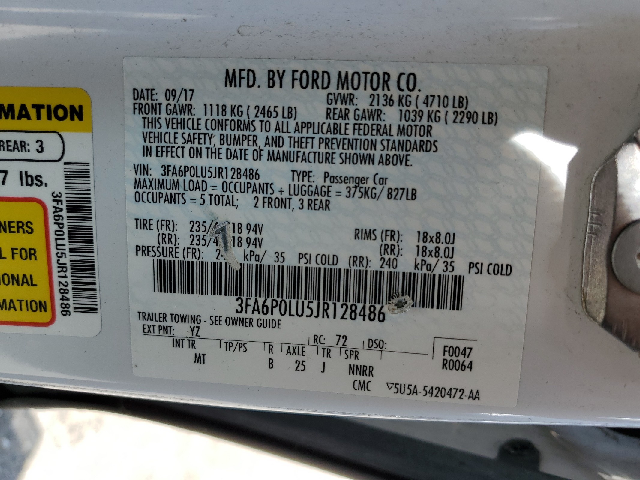 2018 Ford Fusion Se Hybrid vin: 3FA6P0LU5JR128486