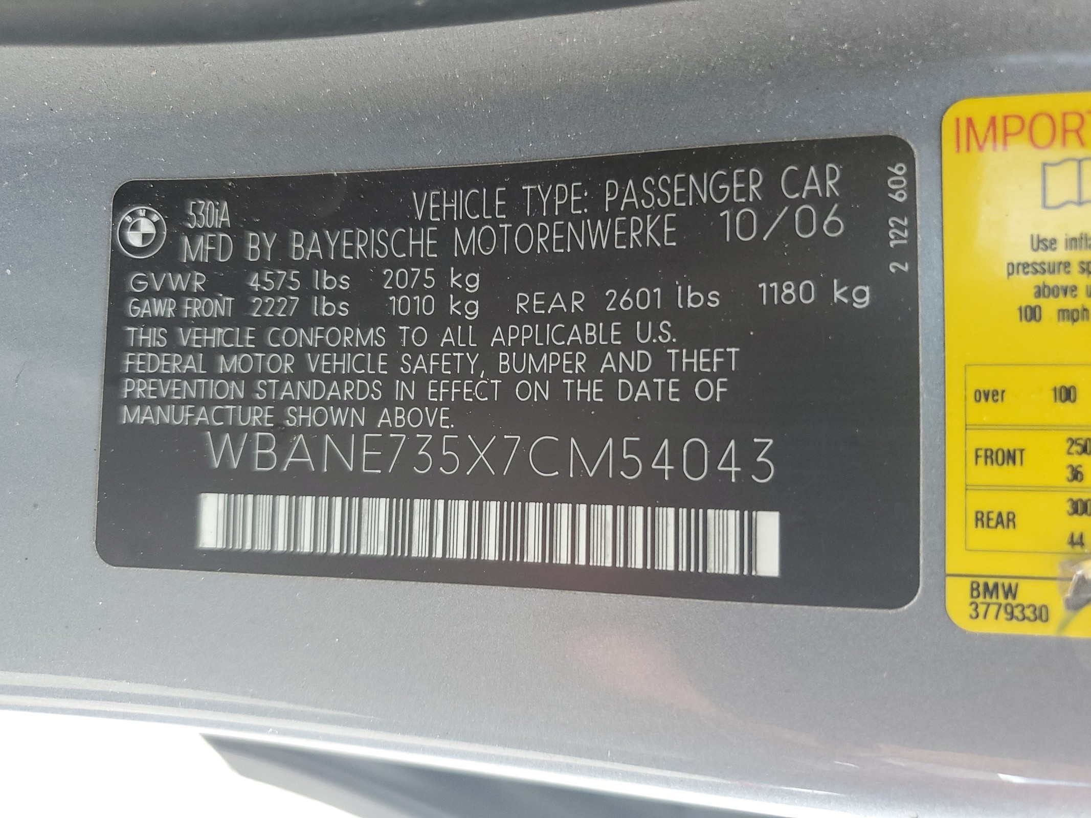 WBANE735X7CM54043 2007 BMW 530 I