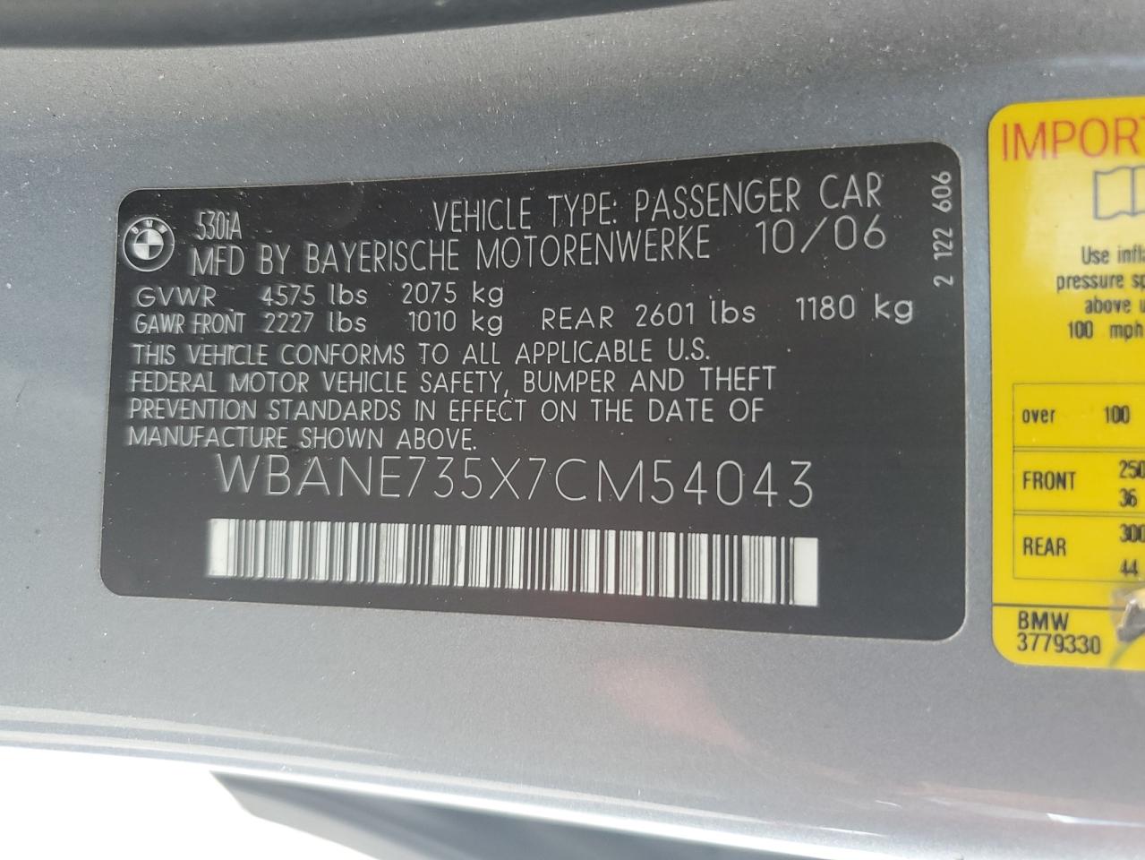 2007 BMW 530 I VIN: WBANE735X7CM54043 Lot: 64644134