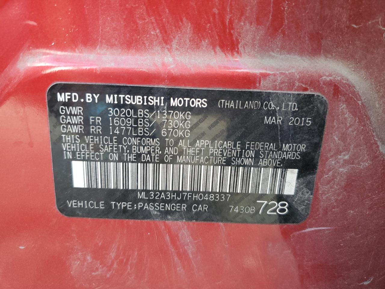 ML32A3HJ7FH048337 2015 Mitsubishi Mirage De