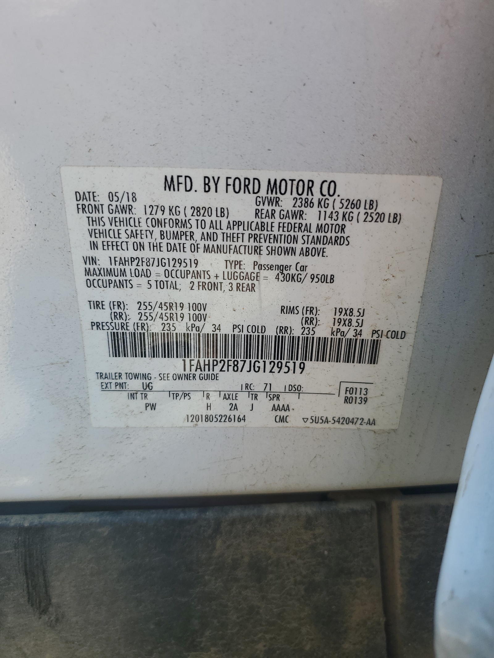 1FAHP2F87JG129519 2018 Ford Taurus Limited