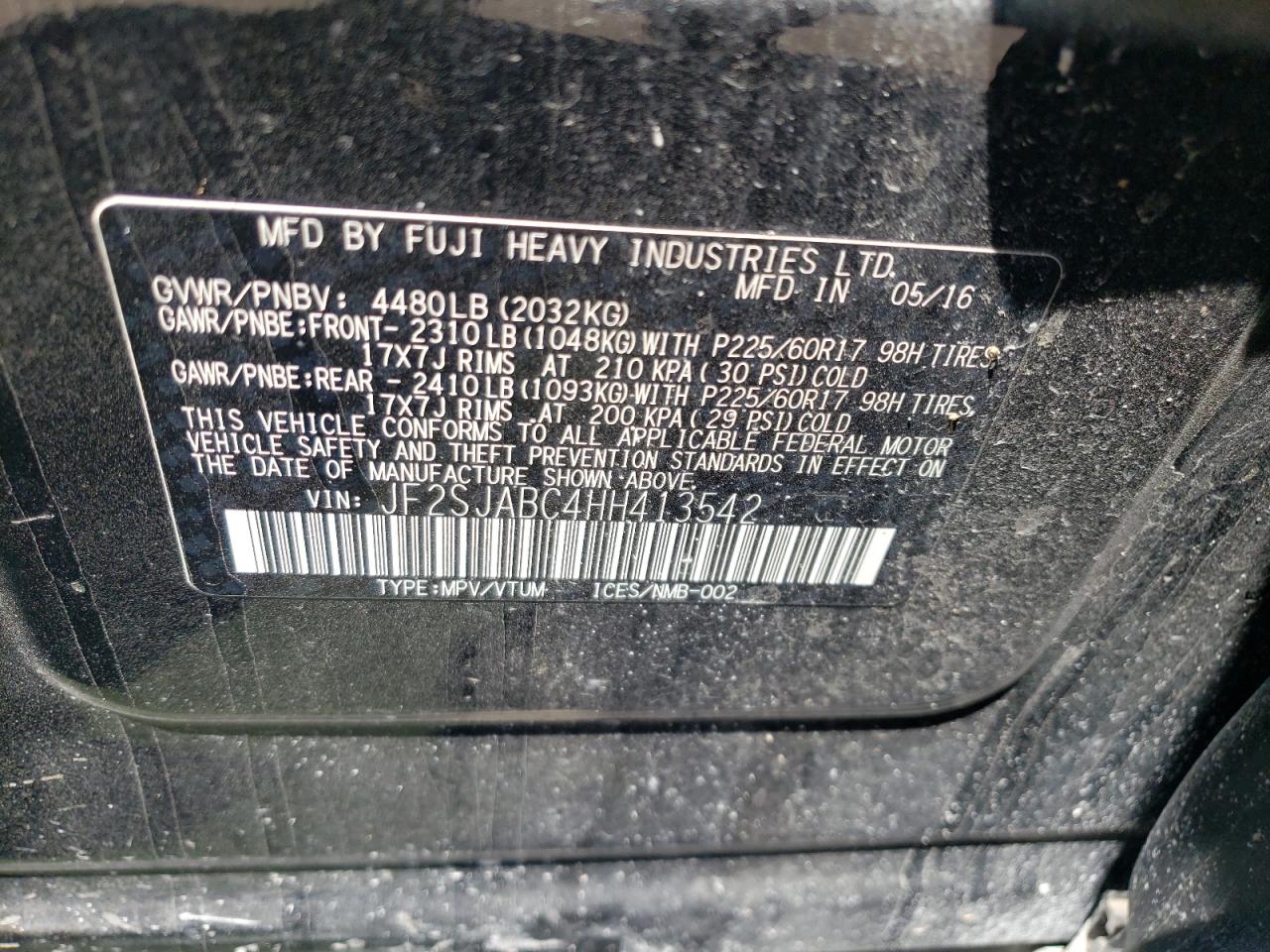 2017 Subaru Forester 2.5I VIN: JF2SJABC4HH413542 Lot: 62466874