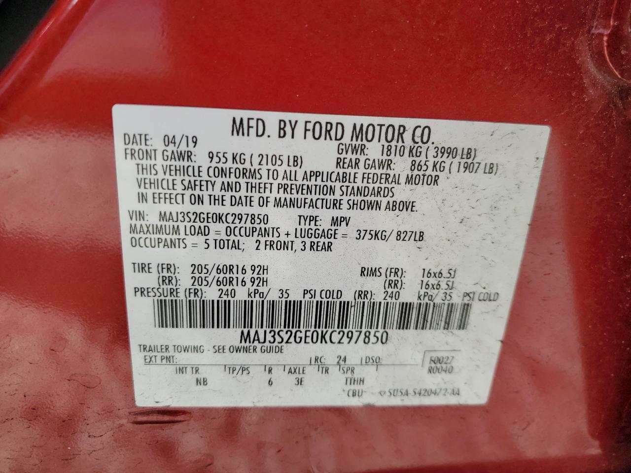 MAJ3S2GE0KC297850 2019 Ford Ecosport Se