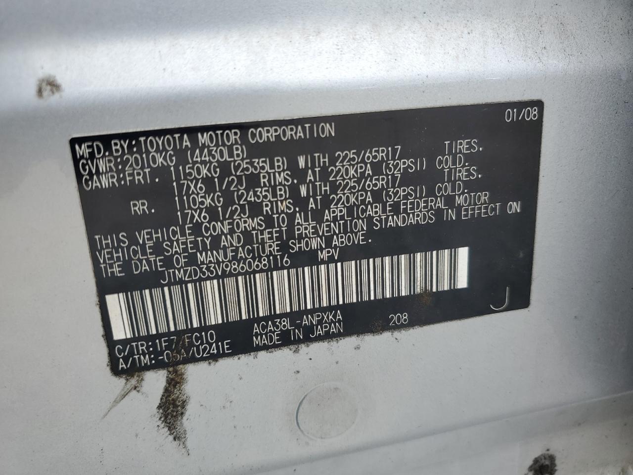 2008 Toyota Rav4 VIN: JTMZD33V986068116 Lot: 64140134