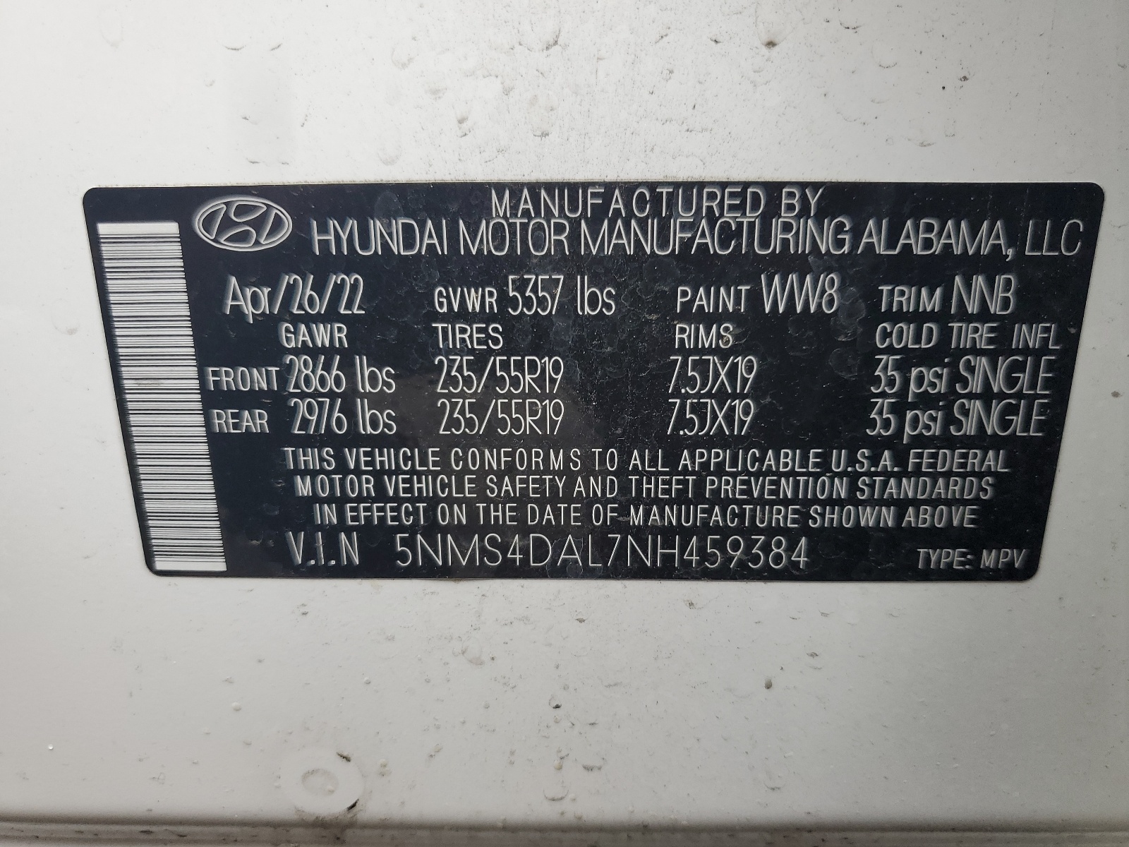 5NMS4DAL7NH459384 2022 Hyundai Santa Fe Limited