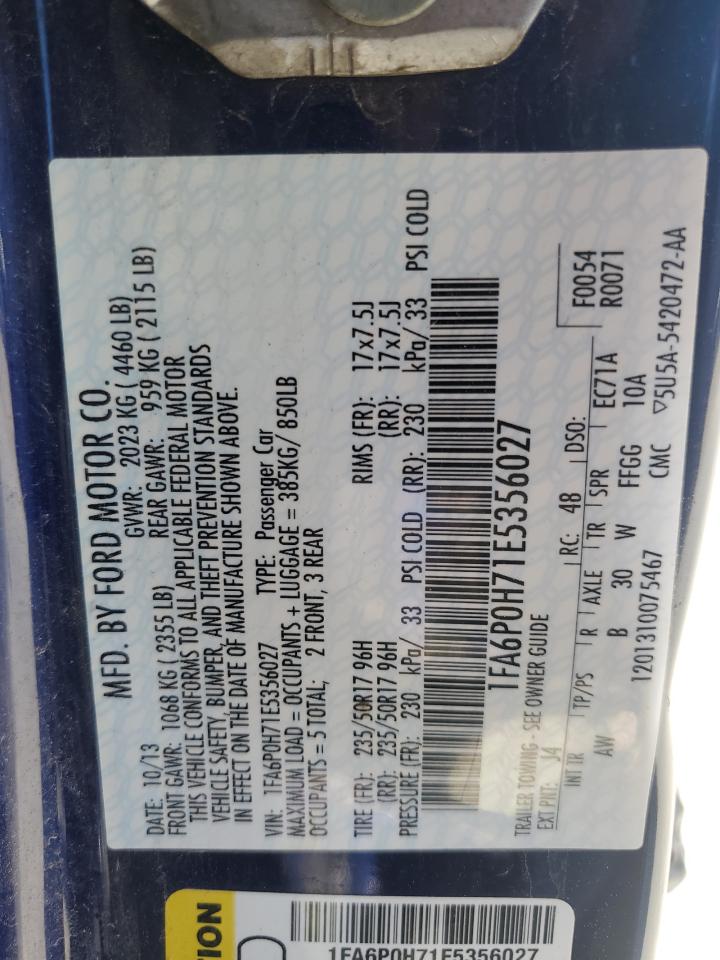 2014 Ford Fusion Se VIN: 1FA6P0H71E5356027 Lot: 61638584