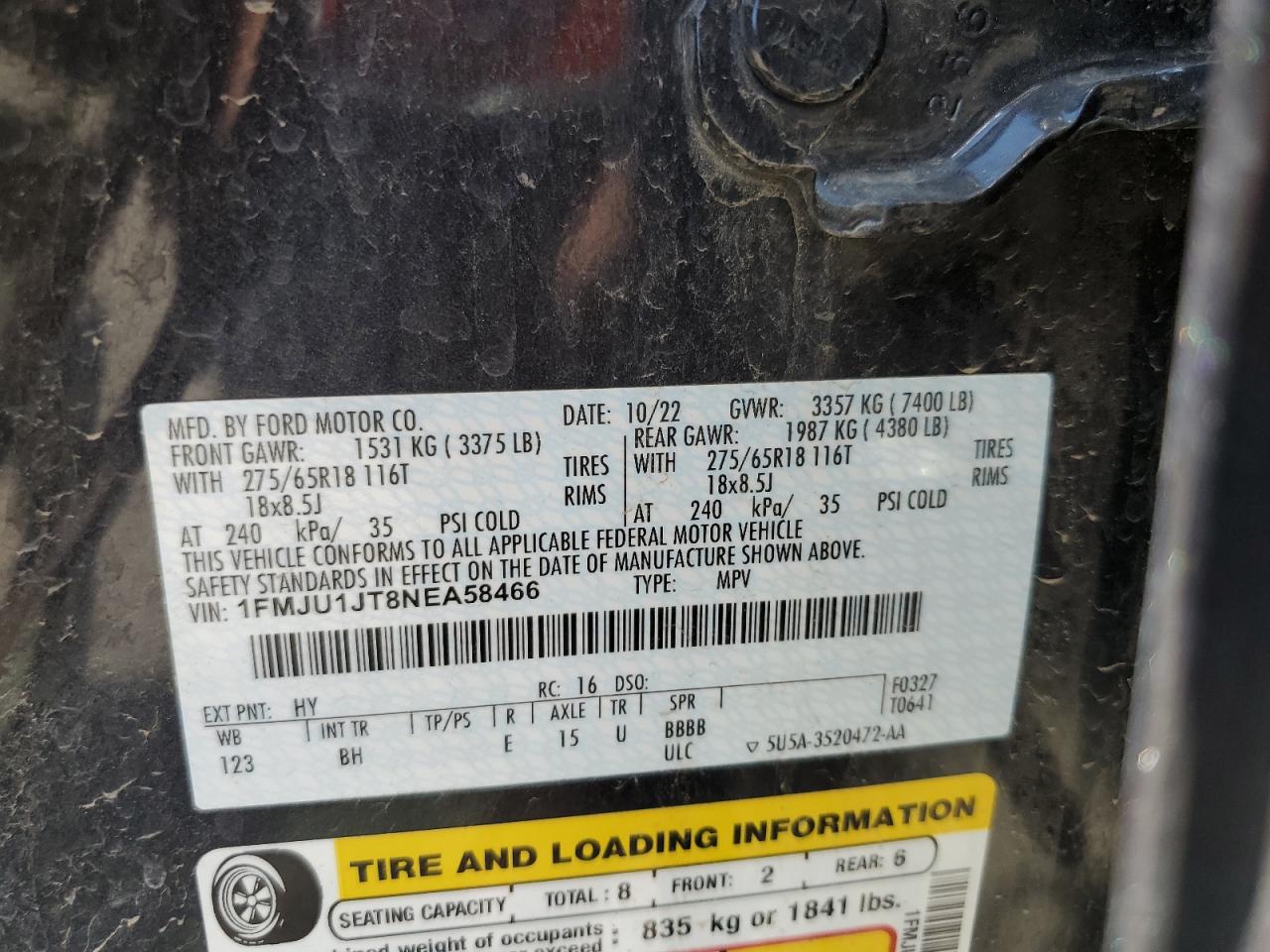 2022 Ford Expedition Xlt VIN: 1FMJU1JT8NEA58466 Lot: 65243064