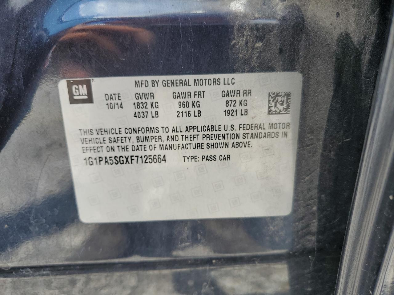 2015 Chevrolet Cruze Ls VIN: 1G1PA5SGXF7125664 Lot: 63146054