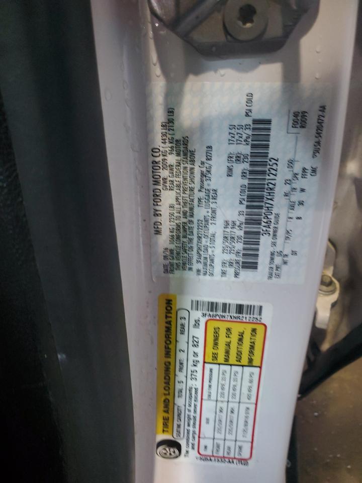 2017 Ford Fusion Se VIN: 3FA6P0H7XHR212252 Lot: 64100484