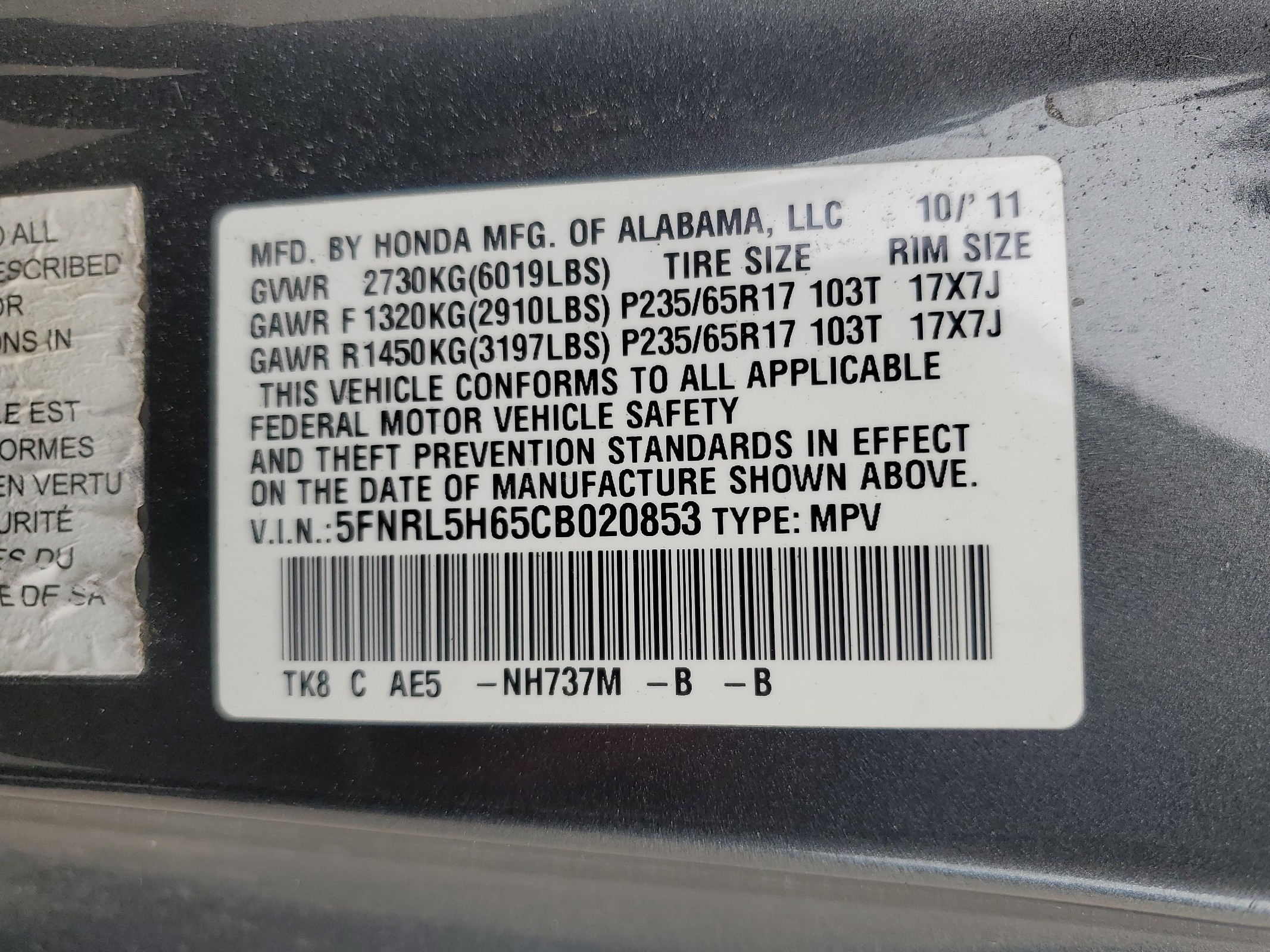 5FNRL5H65CB020853 2012 Honda Odyssey Exl