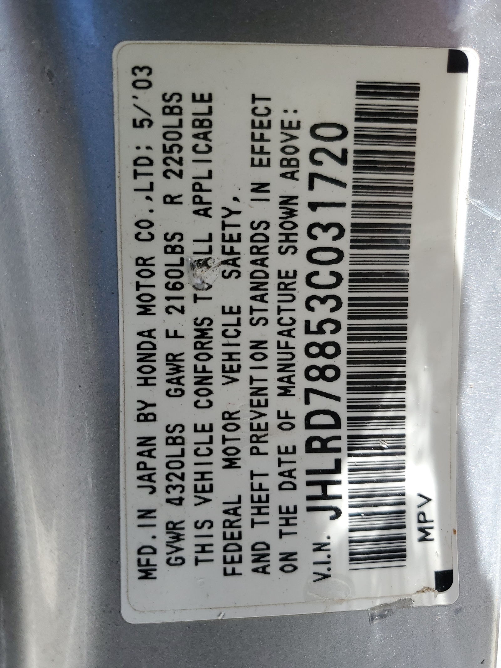 JHLRD78853C031720 2003 Honda Cr-V Ex