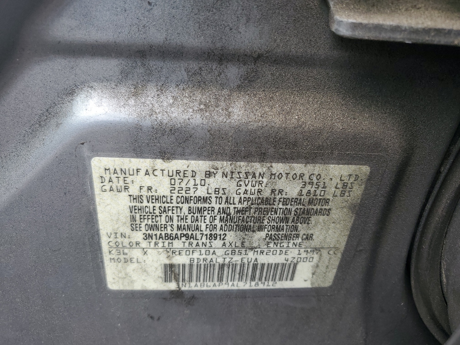 3N1AB6AP9AL718912 2010 Nissan Sentra 2.0