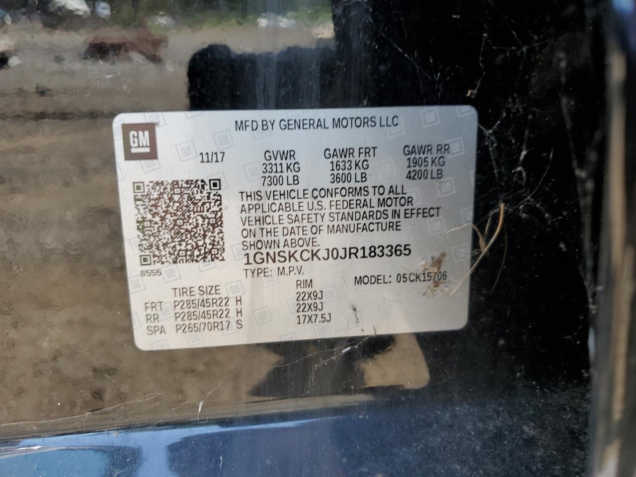 2018 Chevrolet Tahoe K1500 Premier VIN: 1GNSKCKJ0JR183365 Lot: 62401524