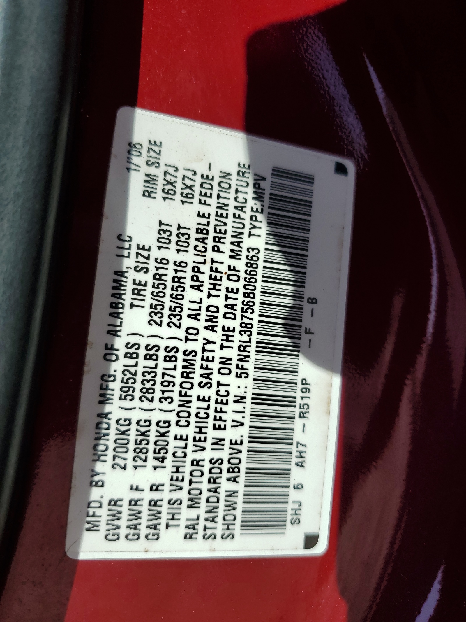 5FNRL38756B066863 2006 Honda Odyssey Exl