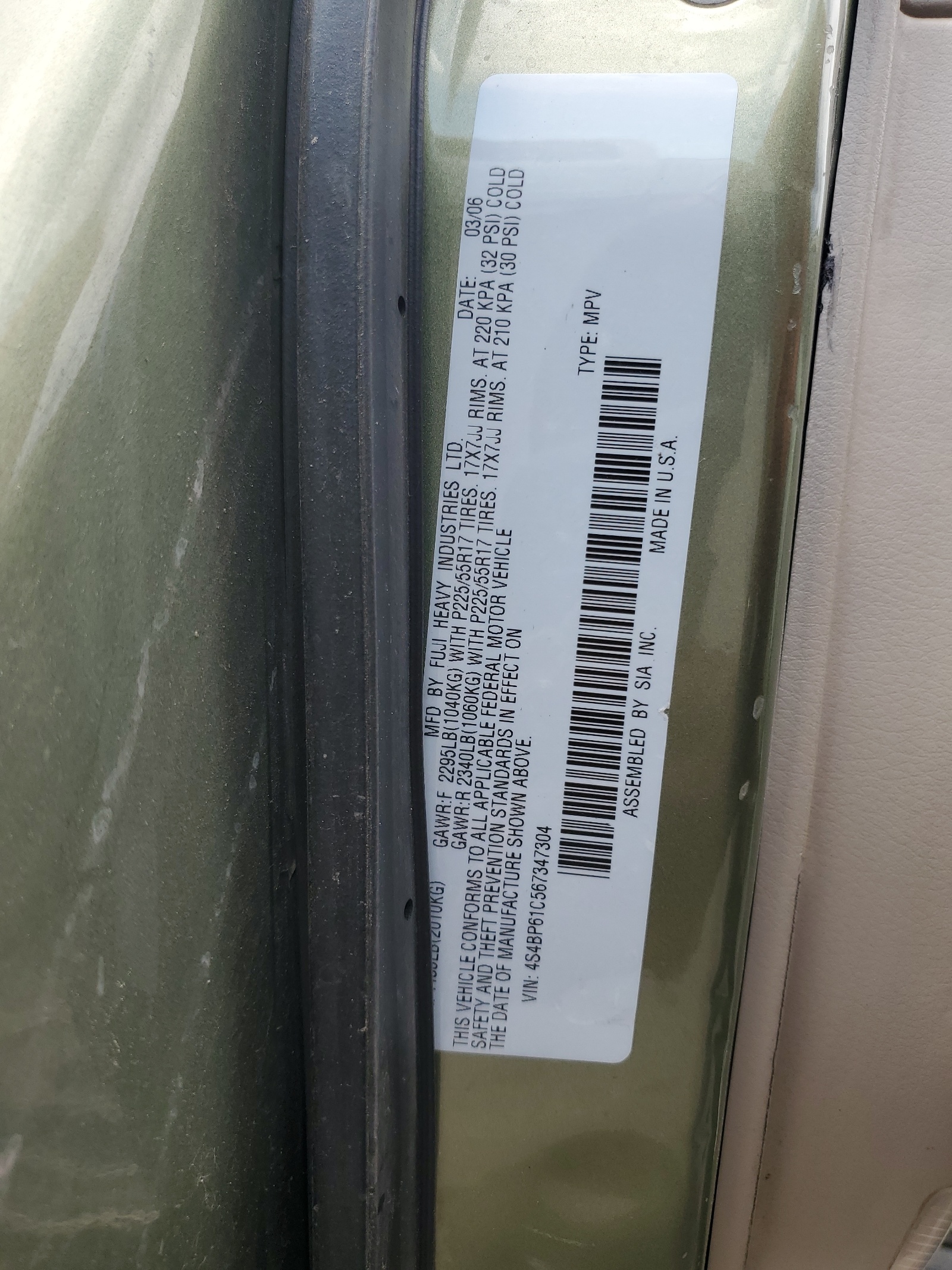 4S4BP61C567347304 2006 Subaru Legacy Outback 2.5I