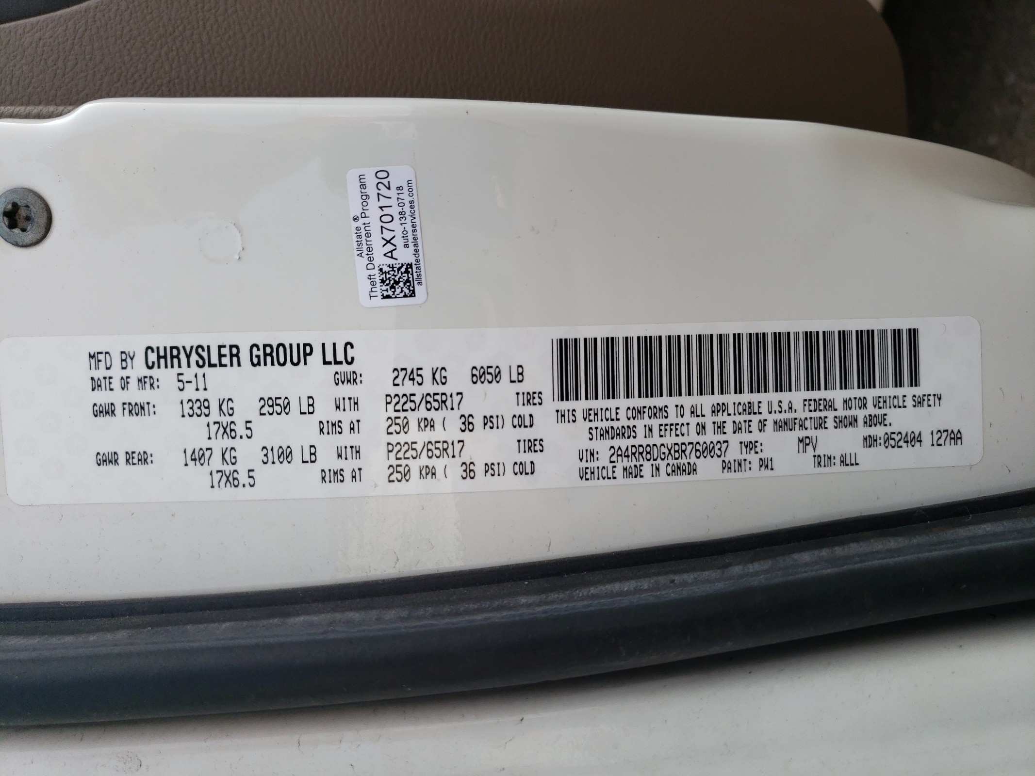 2A4RR8DGXBR760037 2011 Chrysler Town & Country Touring L