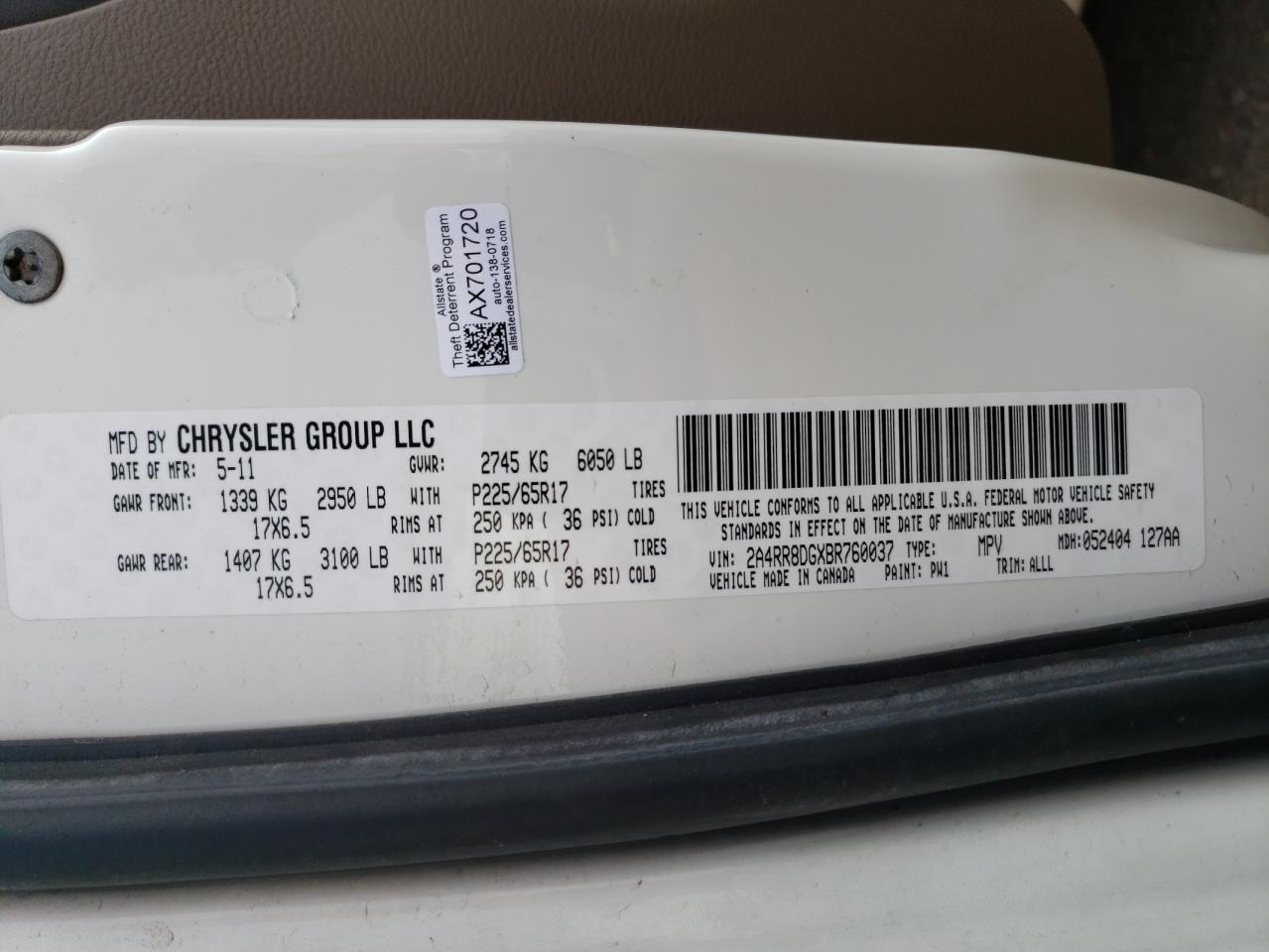 2011 Chrysler Town & Country Touring L VIN: 2A4RR8DGXBR760037 Lot: 63441604