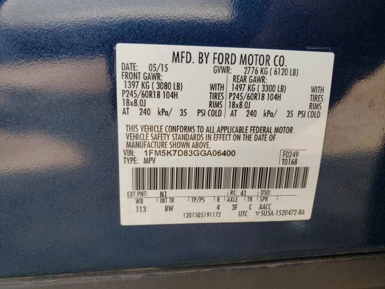 2016 Ford Explorer Xlt VIN: 1FM5K7D83GGA06400 Lot: 64830064