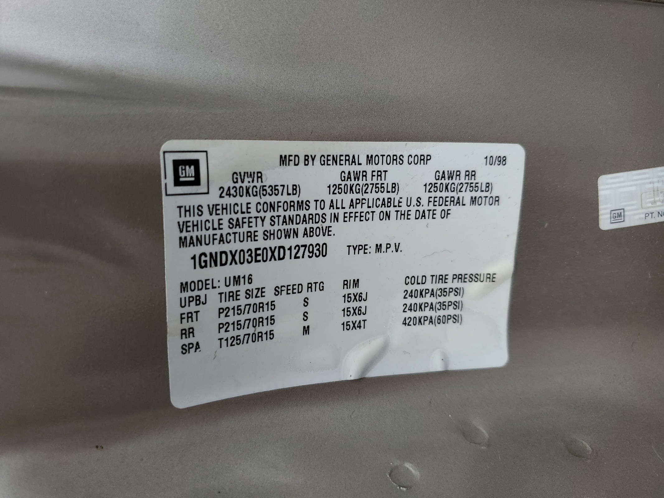 1GNDX03E0XD127930 1999 Chevrolet Venture