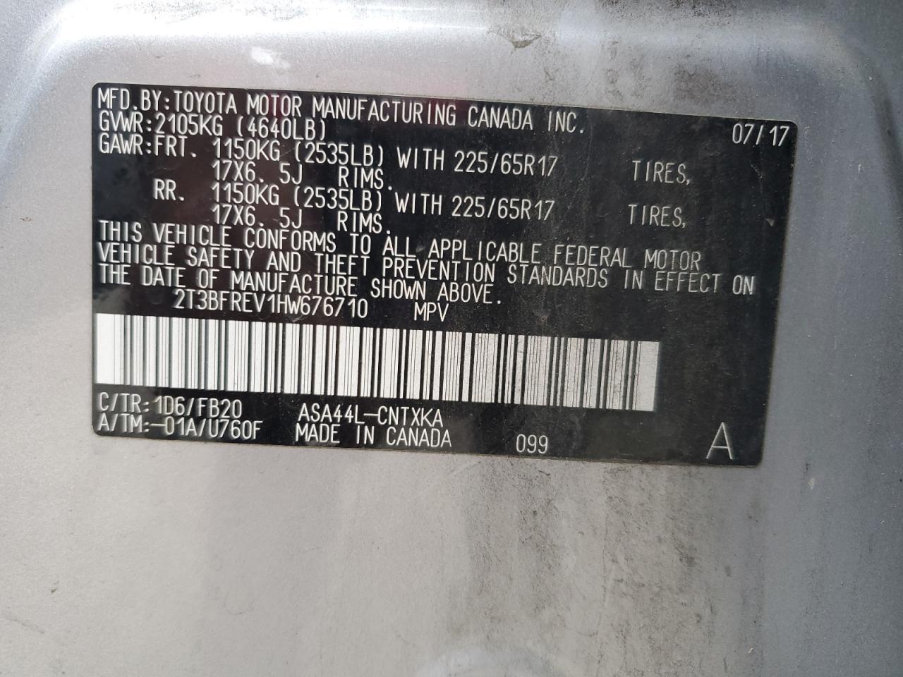 2017 Toyota Rav4 Le VIN: 2T3BFREV1HW676710 Lot: 62881124