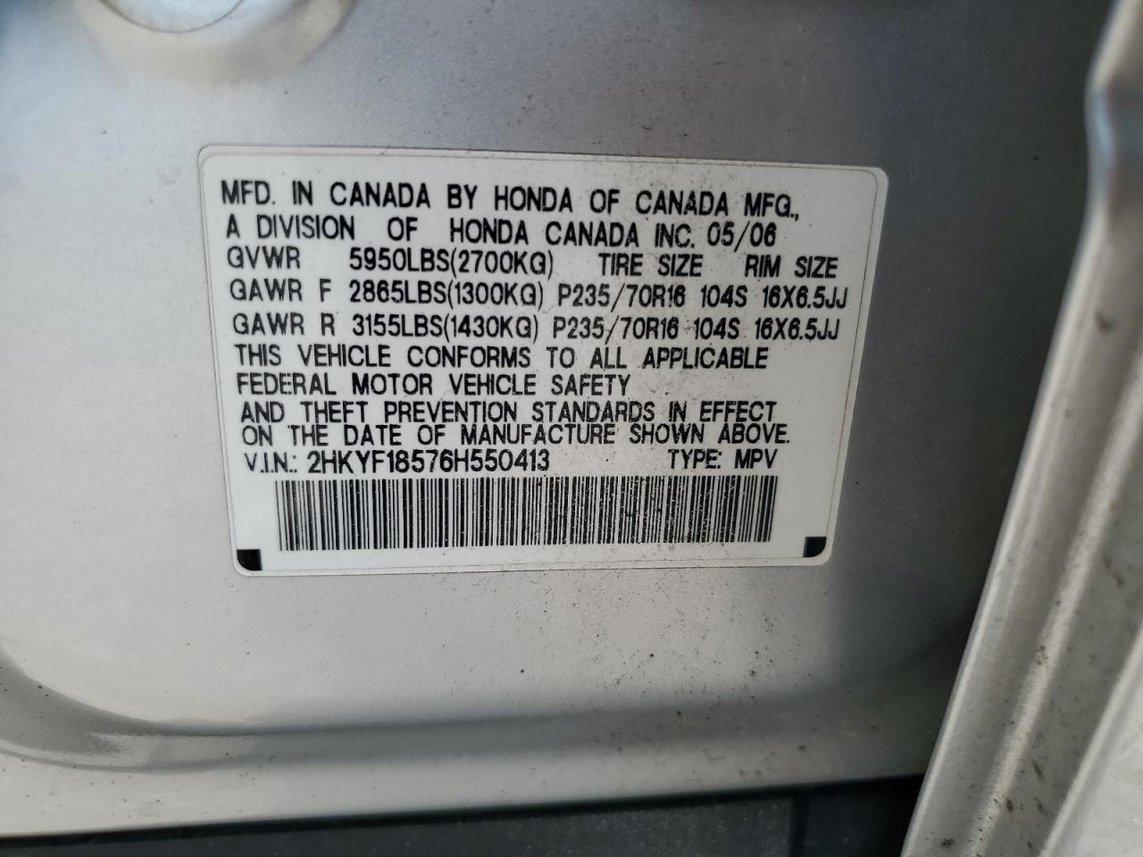 2006 Honda Pilot Ex VIN: 2HKYF18576H550413 Lot: 63836594