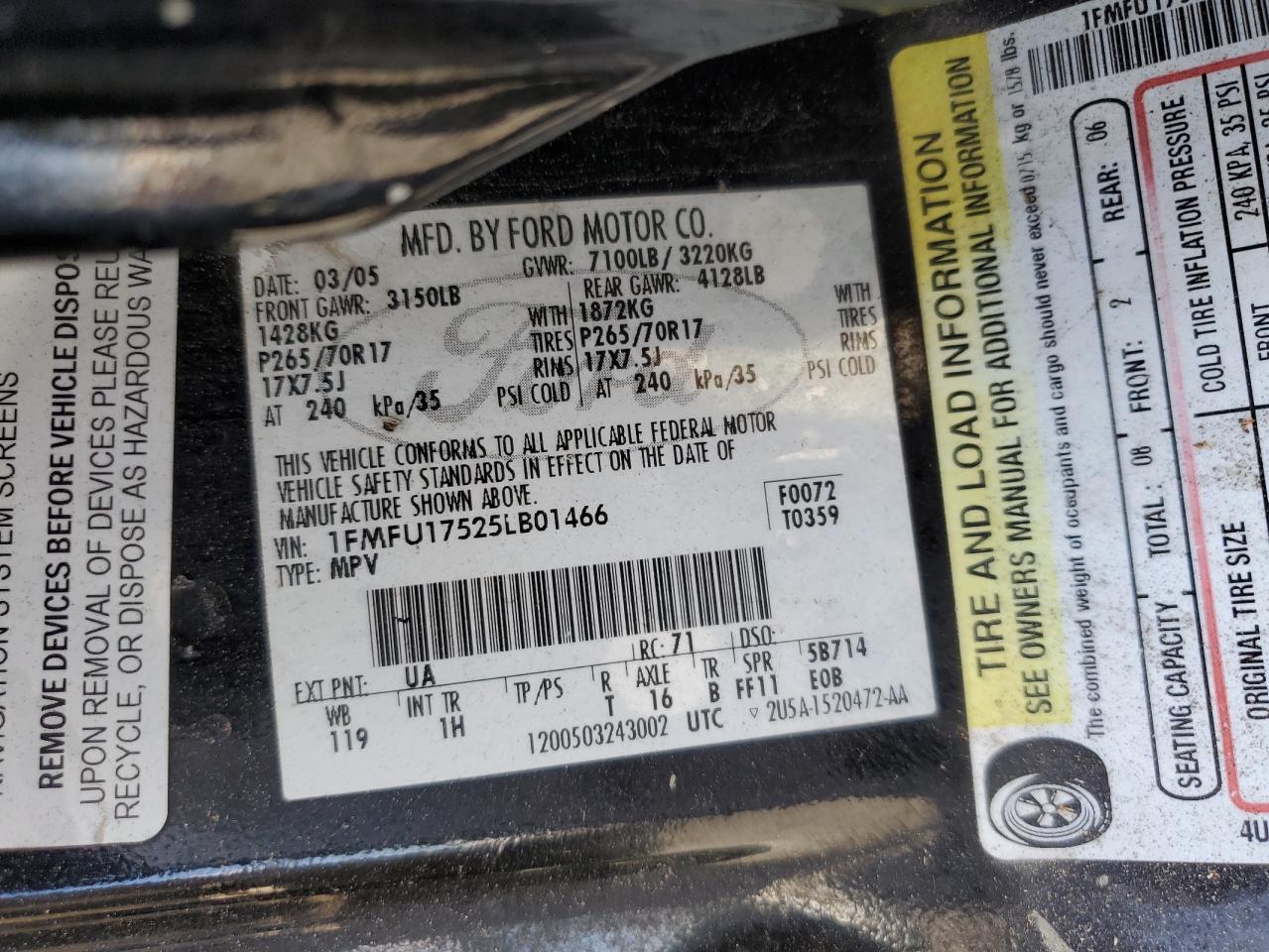 2005 Ford Expedition Eddie Bauer VIN: 1FMFU17525LB01466 Lot: 64671914