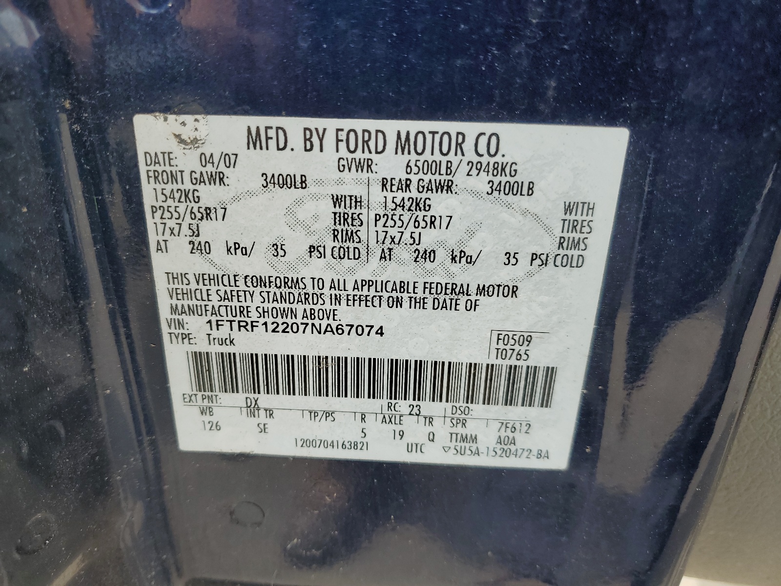 1FTRF12207NA67074 2007 Ford F150