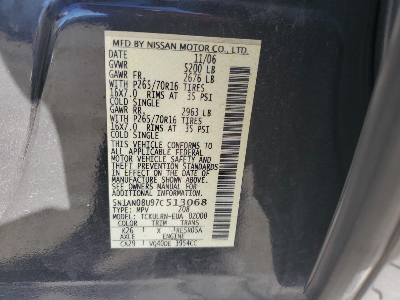 2007 Nissan Xterra Off Road VIN: 5N1AN08U97C513068 Lot: 63713994