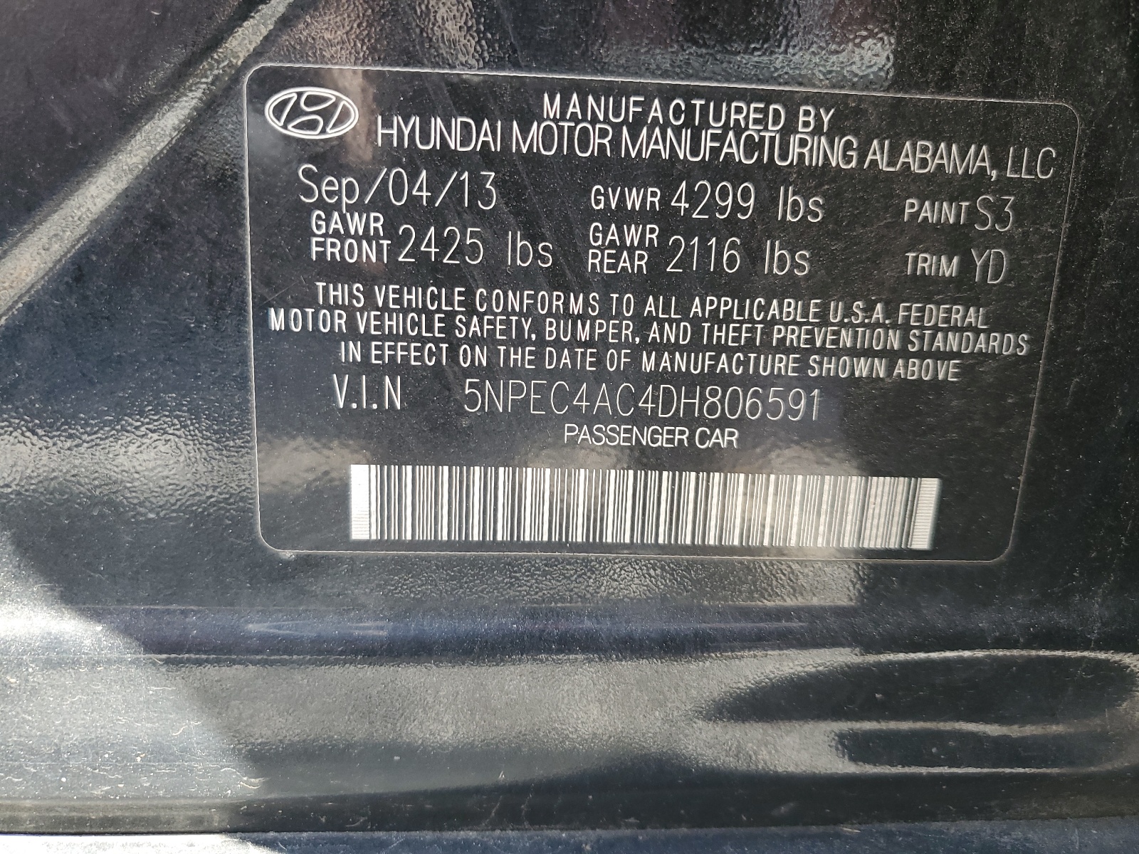 5NPEC4AC4DH806591 2013 Hyundai Sonata Se