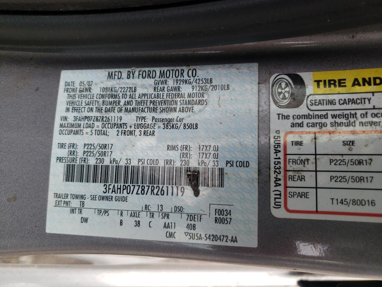 2007 Ford Fusion Se VIN: 3FAHP07Z87R261119 Lot: 63605344