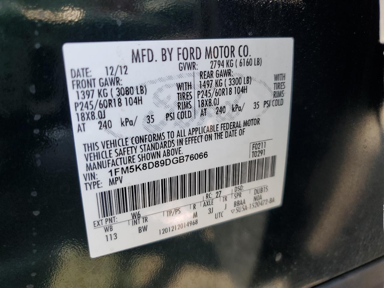 2013 Ford Explorer Xlt VIN: 1FM5K8D89DGB76066 Lot: 64228494