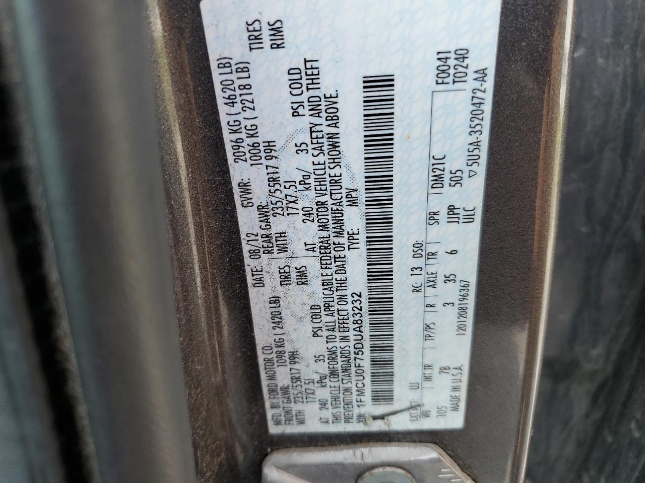 2013 Ford Escape S VIN: 1FMCU0F75DUA83232 Lot: 62118494