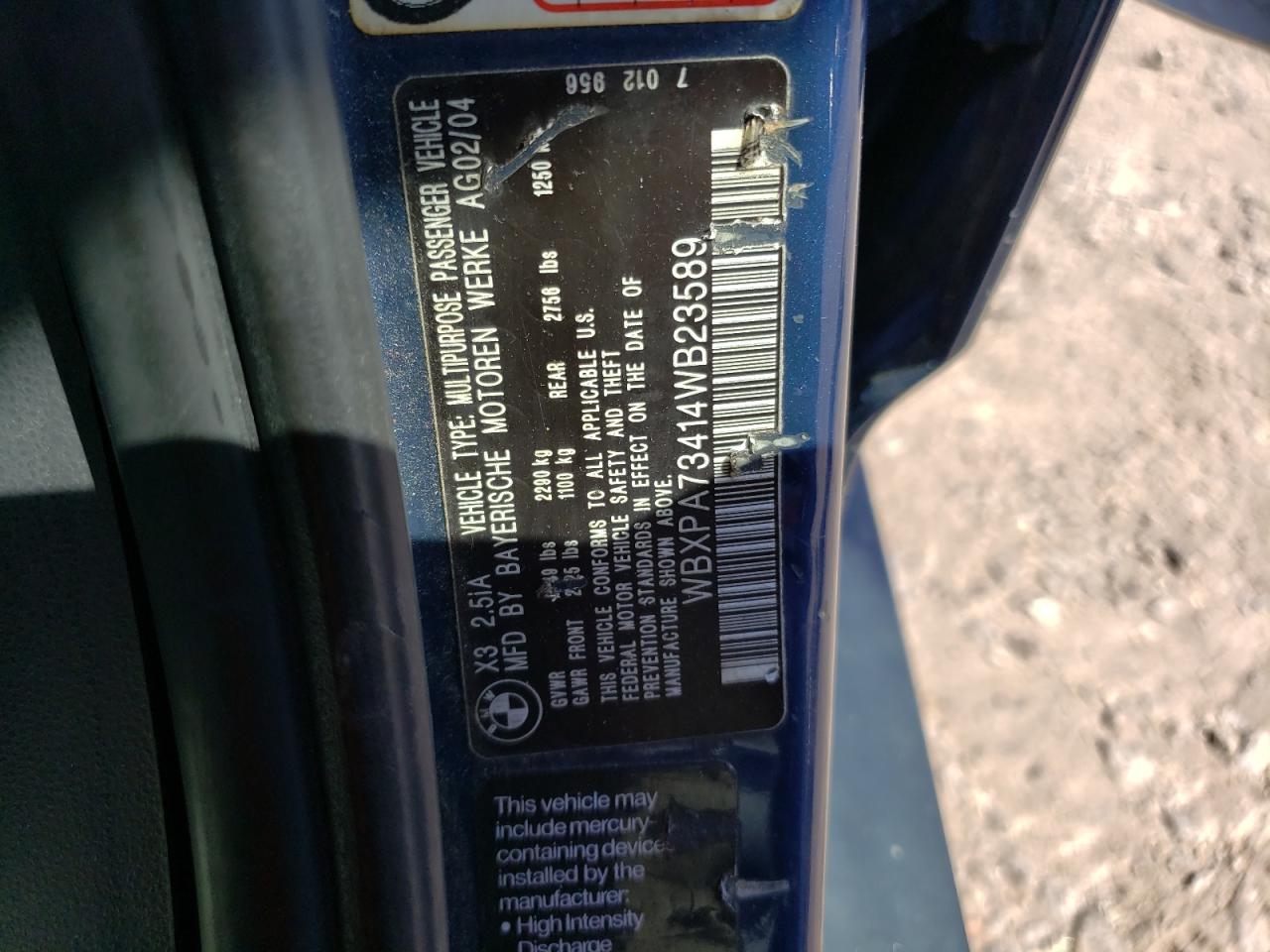 2004 BMW X3 2.5I VIN: WBXPA73414WB23589 Lot: 61595254