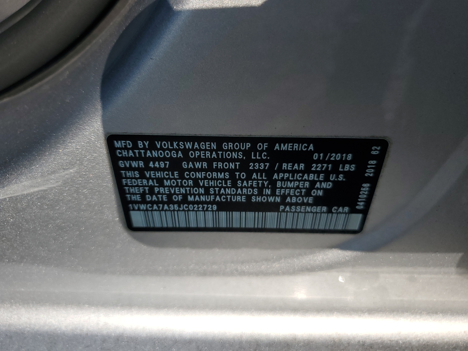 1VWCA7A35JC022729 2018 Volkswagen Passat Sel Premium