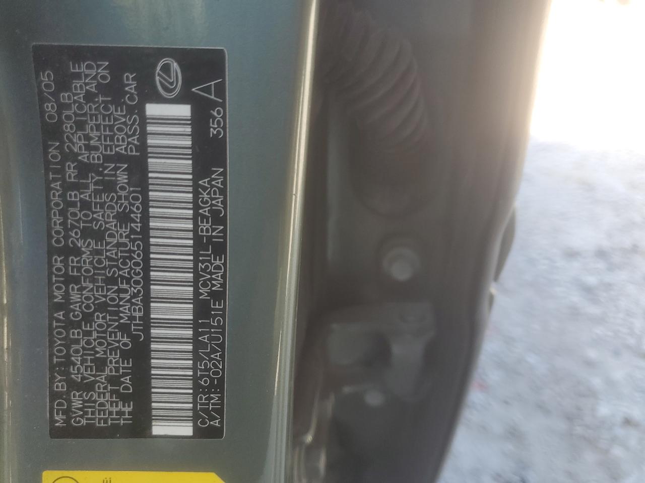 2006 Lexus Es 330 VIN: JTHBA30G065144601 Lot: 65053594