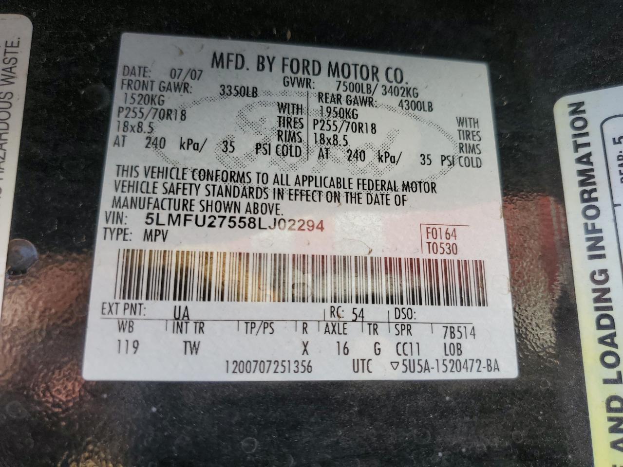 2008 Lincoln Navigator VIN: 5LMFU27558LJ02294 Lot: 64895444