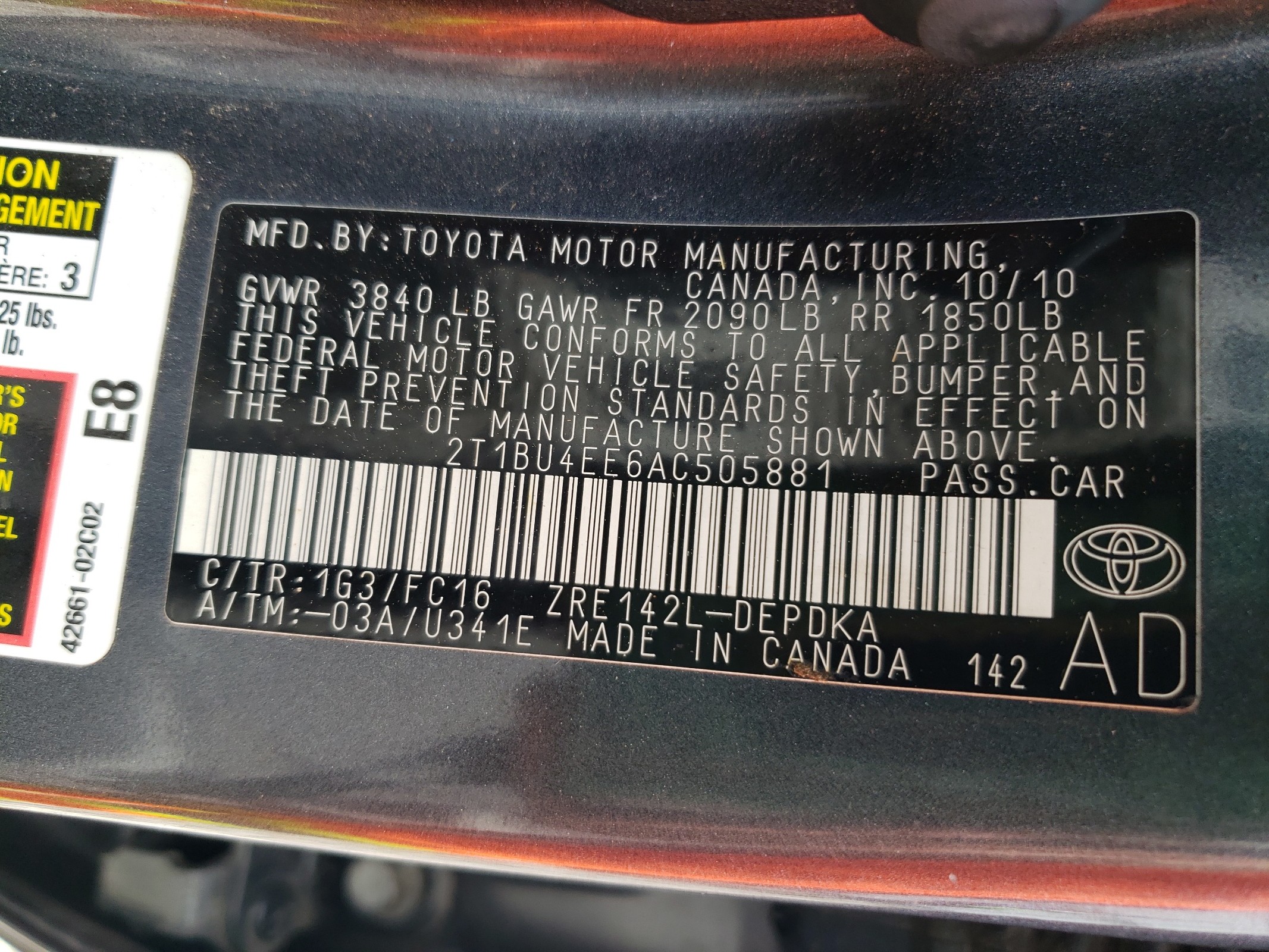 2T1BU4EE6AC505881 2010 Toyota Corolla Base