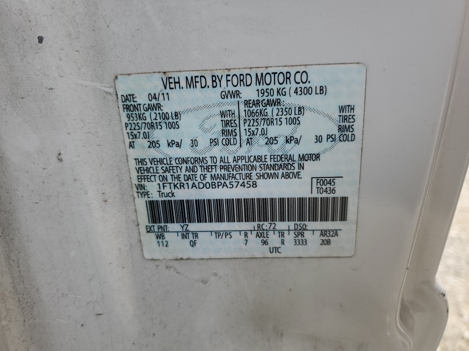 1FTKR1AD0BPA57458 2011 Ford Ranger